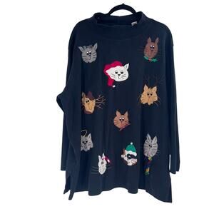 Vintage Bechamel Cat Christmas Pullover Shirt Applique Holiday Novelty Top 3X